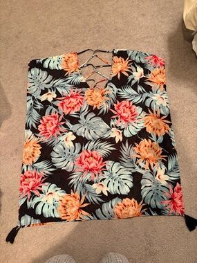 Kona Sol Black Tropical Floral Swim Cover-Up with Coral and Aqua